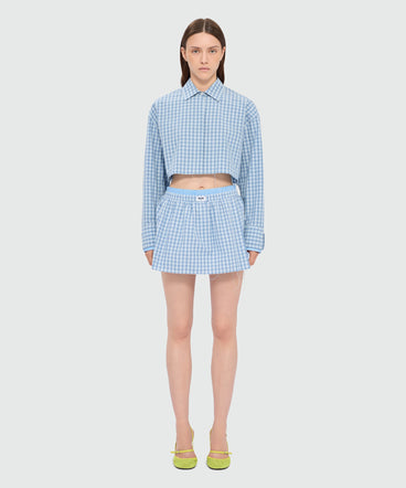 Light blue micro-check cotton Bermuda shorts with layered skirt