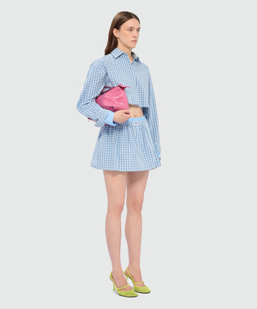 Light blue micro-check cotton Bermuda shorts with layered skirt