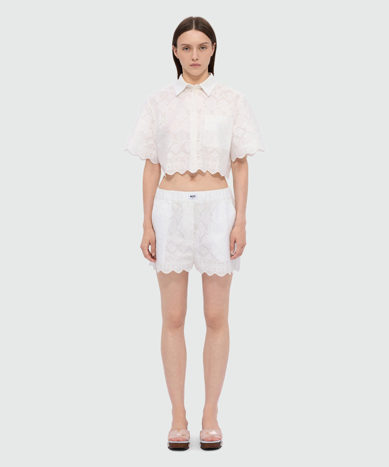 Off-white poplin Bermuda shorts with Sangallo embroidery and scalloped hem 02 Donna 