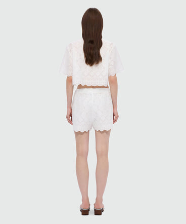 Off-white poplin Bermuda shorts with Sangallo embroidery and scalloped hem