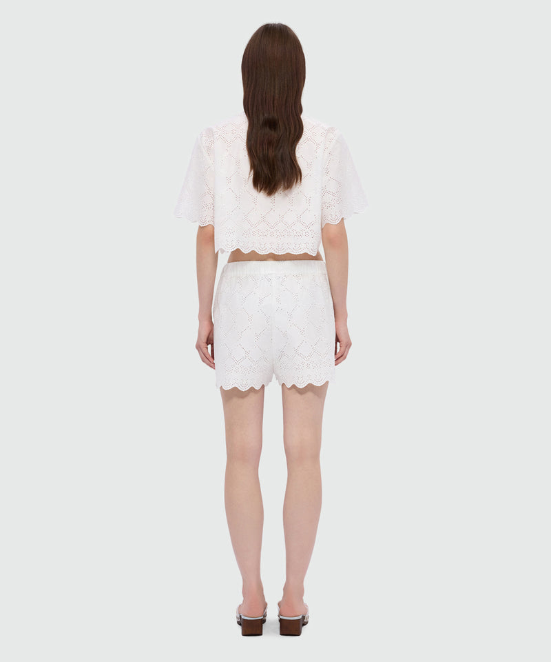 Off-white poplin Bermuda shorts with Sangallo embroidery and scalloped hem 02 Donna 