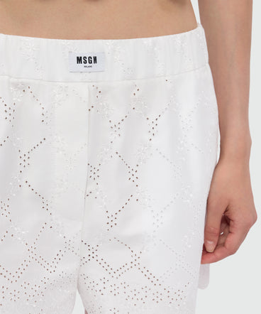 Off-white poplin Bermuda shorts with Sangallo embroidery and scalloped hem