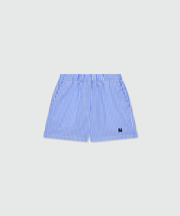 Blue striped poplin Bermuda shorts with embroidered hem
