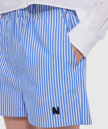 Blue striped poplin Bermuda shorts with embroidered hem