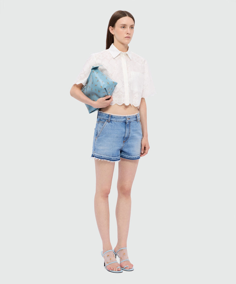 Light blue stone-washed denim shorts with lace detail at the waist 83 Donna 