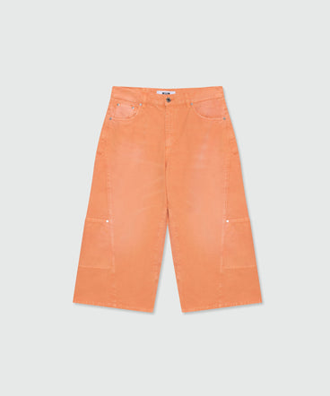 Orange cotton canvas culottes with aged-effect wash