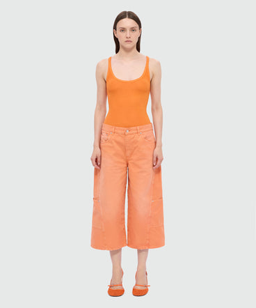 Orange cotton canvas culottes with aged-effect wash