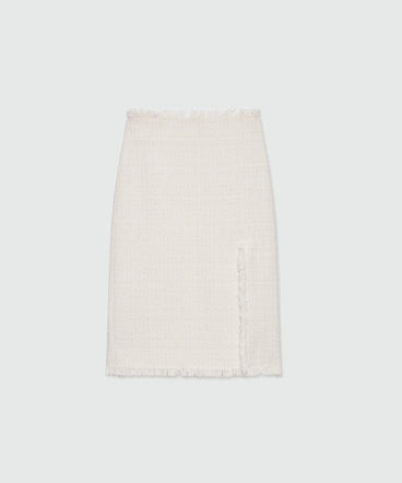 Off-white high-waisted boucle tweed-effect midi skirt