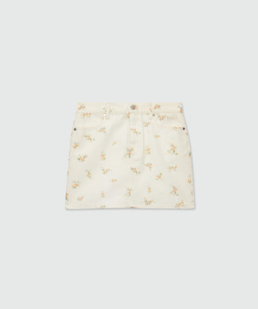Off-white cotton canvas mini skirt with floral print