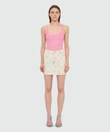 Off-white cotton canvas mini skirt with floral print