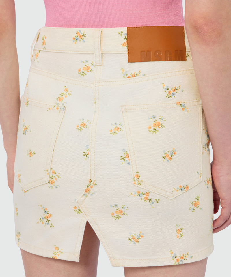Off-white cotton canvas mini skirt with floral print 04 Donna 