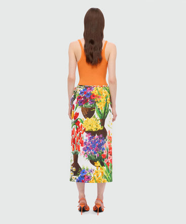 Multicolor printed canvas wrap skirt with waist tie