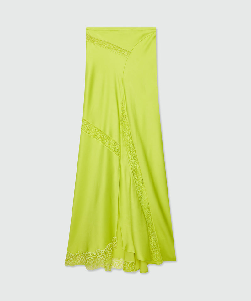 Lime long satin skirt with flared hem and lace inserts 33 Donna 
