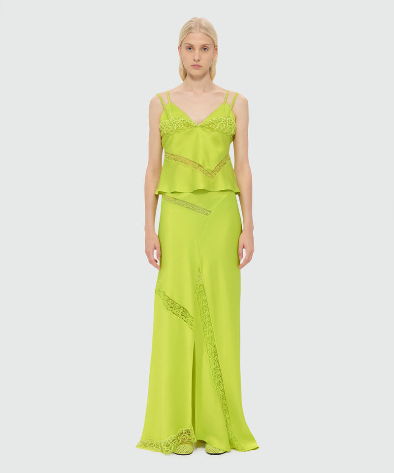 Lime long satin skirt with flared hem and lace inserts 33 Donna 