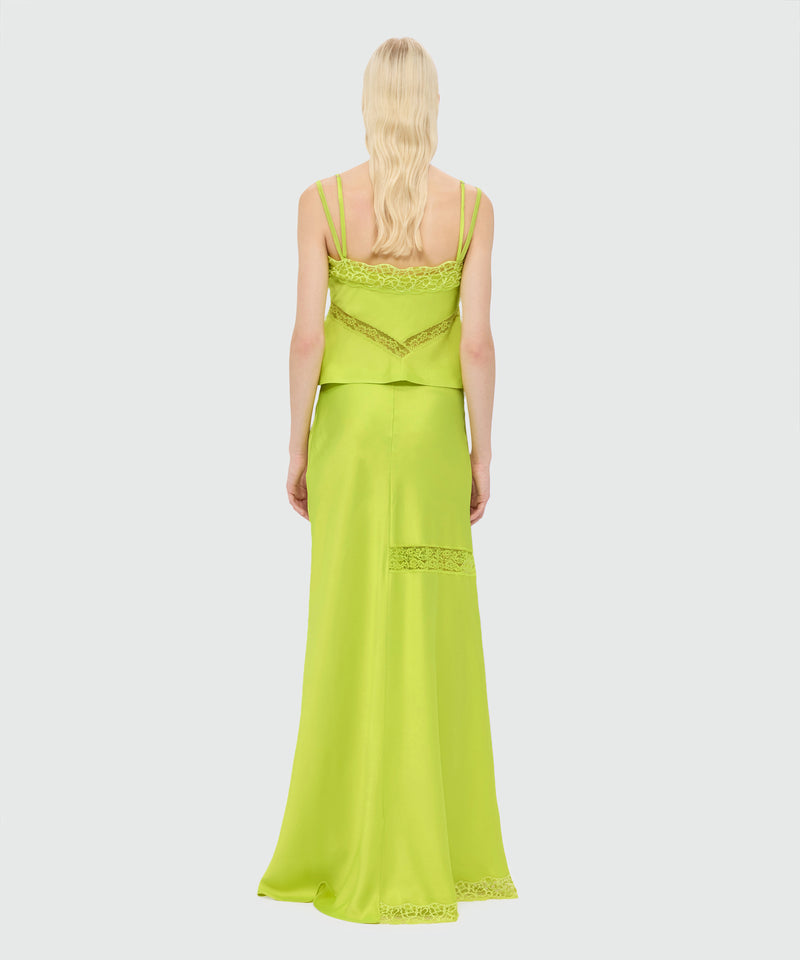 Lime long satin skirt with flared hem and lace inserts 33 Donna 