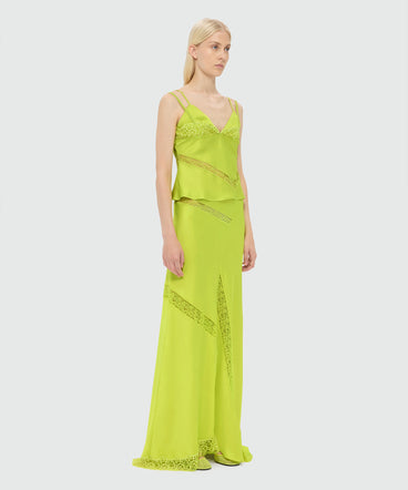 Lime long satin skirt with flared hem and lace inserts