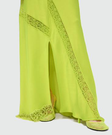 Lime long satin skirt with flared hem and lace inserts