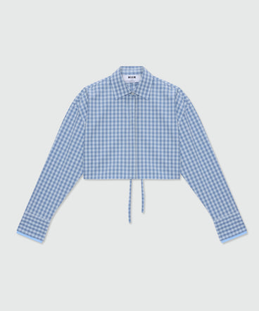 Light blue cropped cotton micro-check shirt with back opening