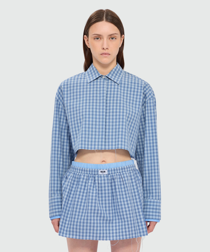 Light blue cropped cotton micro-check shirt with back opening 84 Donna 