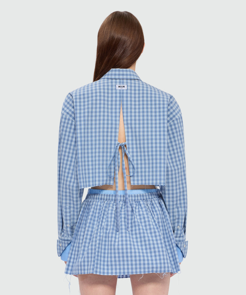 Light blue cropped cotton micro-check shirt with back opening 84 Donna 