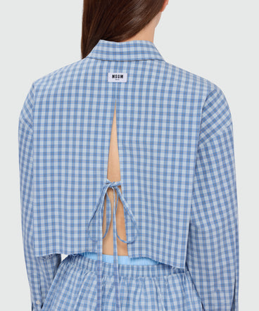 Light blue cropped cotton micro-check shirt with back opening