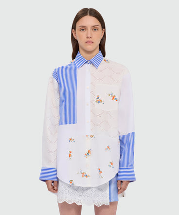 Light blue patchwork poplin shirt with lace detail