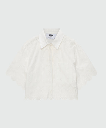 Off-white cropped short-sleeve poplin shirt with Sangallo embroidery and scalloped hem