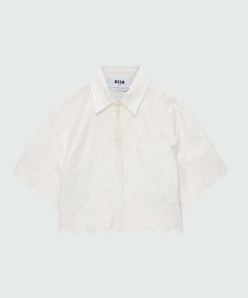 Off-white cropped short-sleeve poplin shirt with Sangallo embroidery and scalloped hem 02 Donna 
