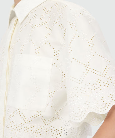 Off-white cropped short-sleeve poplin shirt with Sangallo embroidery and scalloped hem