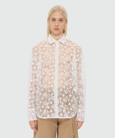 Off-white tulle shirt with embroidered roses