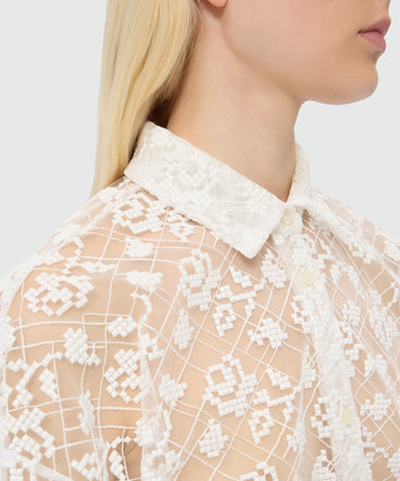 Off-white tulle shirt with embroidered roses