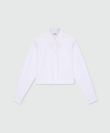 White cropped cotton poplin shirt with chest embroidery