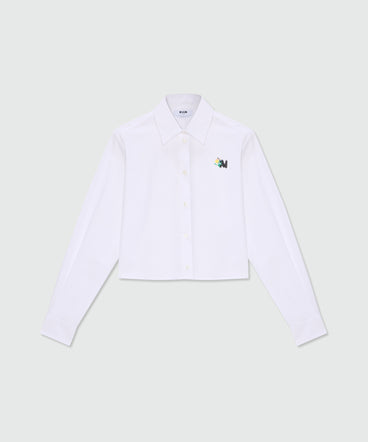 White cropped cotton poplin shirt with chest embroidery