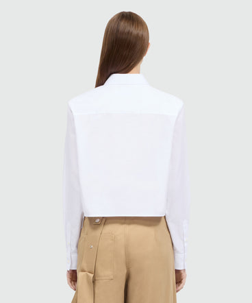 White cropped cotton poplin shirt with chest embroidery