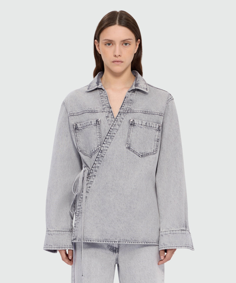 Grey stone-washed denim shirt with wrap closure and denim ties 94 Donna 
