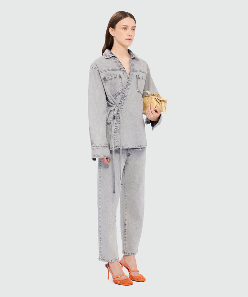 Grey stone-washed denim shirt with wrap closure and denim ties 94 Donna 
