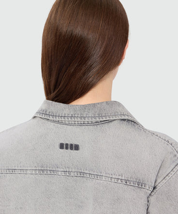 Grey stone-washed denim shirt with wrap closure and denim ties