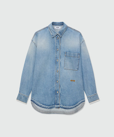 Stone-washed denim shirt with lace detail on the cuffs