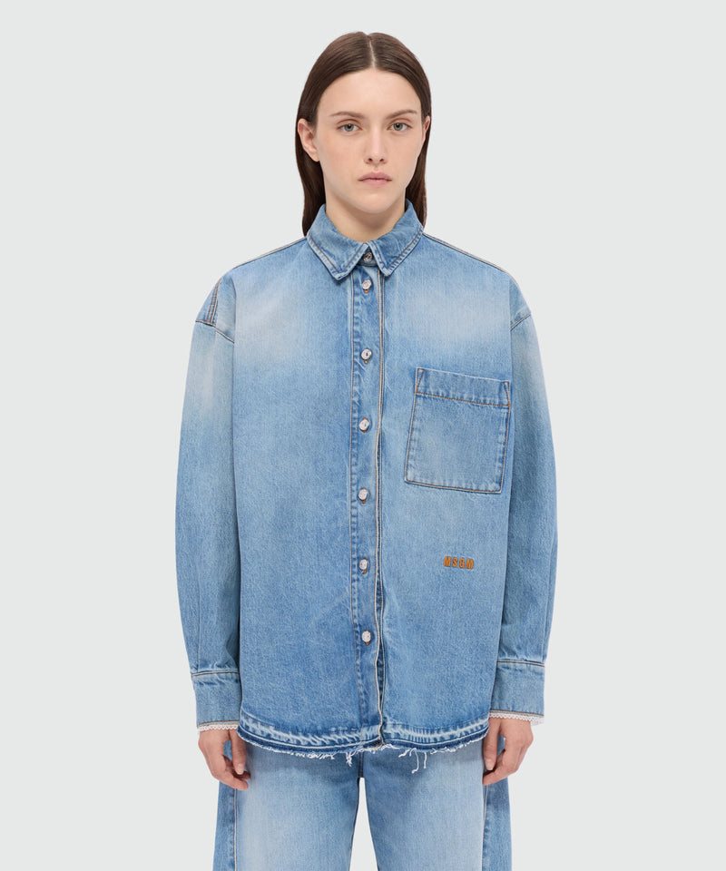Stone-washed denim shirt with lace detail on the cuffs 83 Donna 