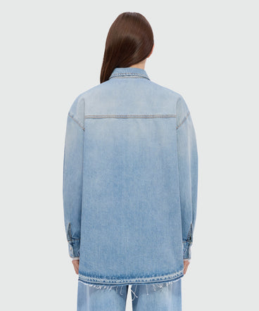 Stone-washed denim shirt with lace detail on the cuffs