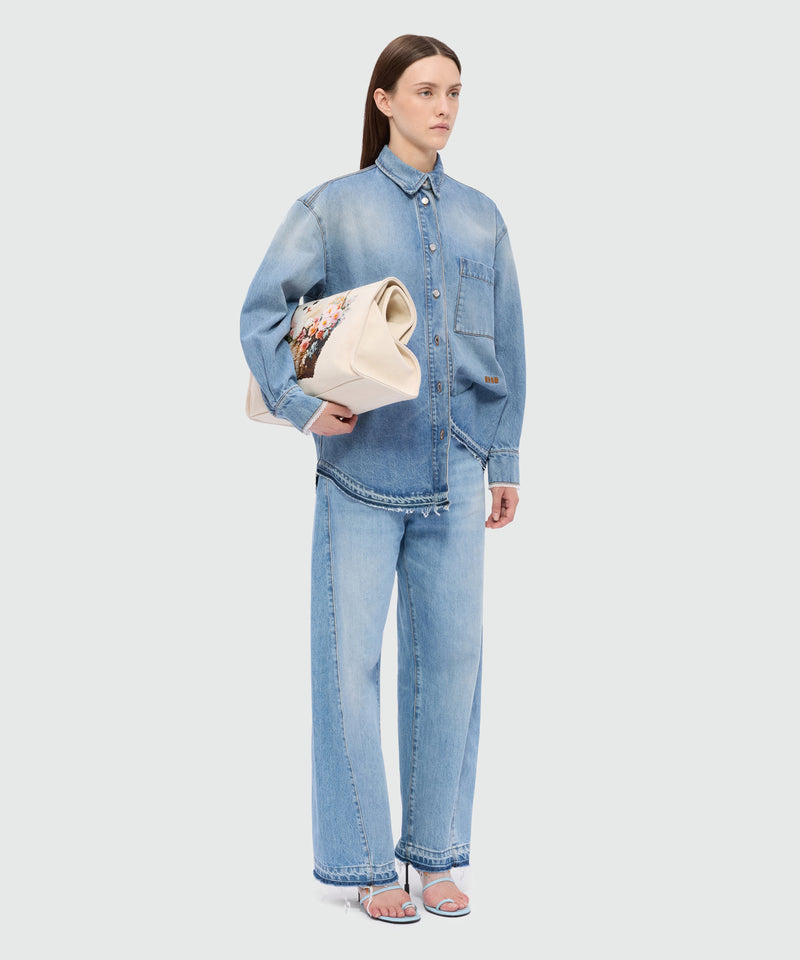 Stone-washed denim shirt with lace detail on the cuffs 83 Donna 