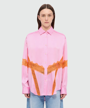 Pink satin shirt with lace inserts