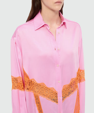 Pink satin shirt with lace inserts