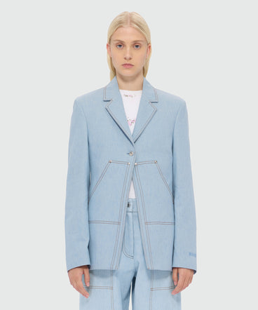 Raw denim jacket with contrast stitching and single-button front fastening