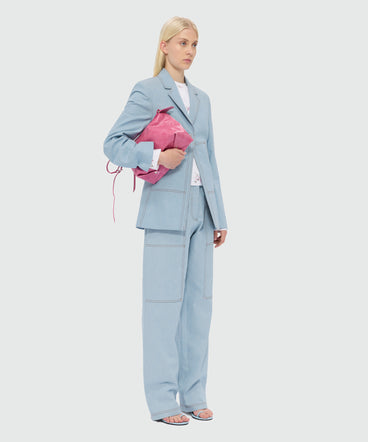 Raw denim jacket with contrast stitching and single-button front fastening