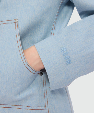 Raw denim jacket with contrast stitching and single-button front fastening