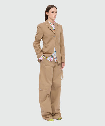 Beige cotton gabardine jacket with contrast stitching and single-button front fastening