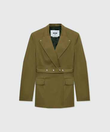 Military green double-breasted cotton gabardine jacket with belt and visible metal buttons