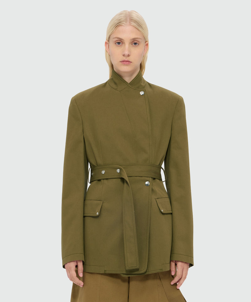 Military green double-breasted cotton gabardine jacket with belt and visible metal buttons 37 Donna 