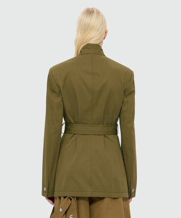 Military green double-breasted cotton gabardine jacket with belt and visible metal buttons